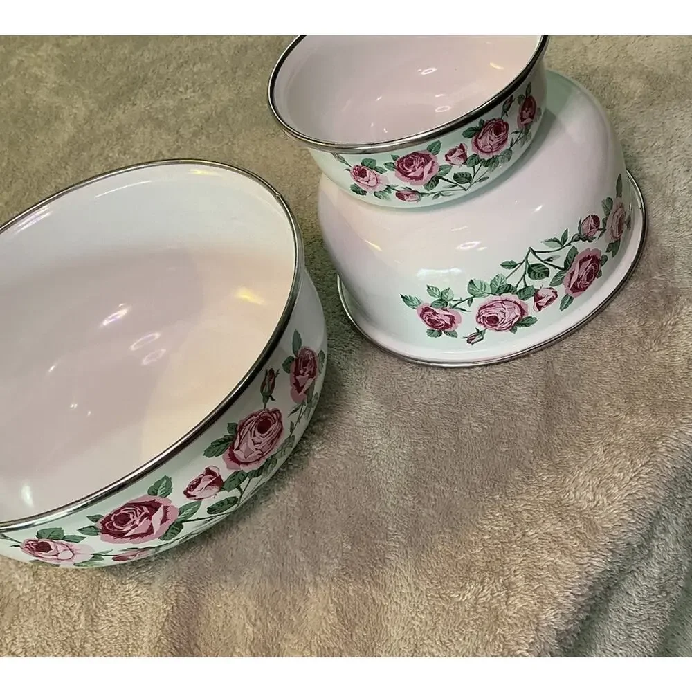 Vintage Rose Mixing Bowl 3 pc Cottagecore Floral Round Porcelain/Metal Bowl Set
